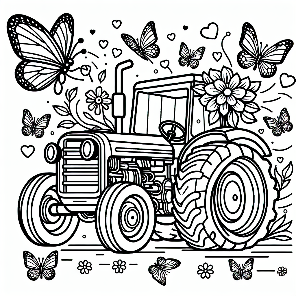 Es war einmal ein fröhlicher Traktor namens Timmy, der nicht nur über Felder rumpelte, sondern auch eine besondere Vorliebe für Blumen hatte. Eines sonnigen Tages beschloss Timmy, dass sein Anhänger nicht nur mit Gemüse, sondern auch mit bunten Blumen geschmückt sein sollte. So hielt er eine prächtige Sonnenblume in seinem Auspuff — keine Sorge, es war ganz sicher und umweltfreundlich!
Während Timmy über den Bauernhof tuckerte, kamen fröhliche Schmetterlinge herangeflogen, die von der leuchtenden Blume angezogen wurden. Sie umschwirrten Timmy und flüsterten ihm Geheimnisse über die besten Ausmaltechniken für seine Reifen und das Lenkrad. "Vielleicht ein leuchtendes Blau für die Felgen und ein sonniges Gelb für das Lenkrad?" schlug einer der Schmetterlinge vor.
Auf dem Feld entdeckten die Tiere, dass Timmy nicht nur zum Pflügen, sondern auch zur Unterhaltung da war. Die Kühe und Schafe versammelten sich um ihn und freuten sich über die fröhlichen Farben, die Timmy sich vorstellte. "Stellt euch vor, wir sind ein lebendiges Ausmalbild!", lachte Timmy, und alle Tiere stimmten ein.
Am Ende des Tages war Timmy über und über mit Schmetterlingen bedeckt, die ihn wie ein lebendiges Kunstwerk aussehen ließen - bereit, von kleinen Künstlern ausgemalt zu werden!