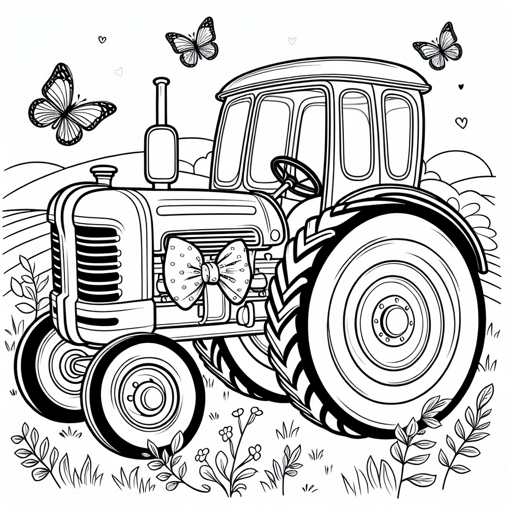 **Tauche ein in die bunte Welt der Bauernhöfe!**

Auf diesem Ausmalbild wartet ein fröhlicher Traktor darauf, von dir zum Leben erweckt zu werden! Traktoren sind kraftvolle Maschinen, die Bauern dabei helfen, ihre Felder zu bearbeiten. Sie haben große, stabile Reifen, um über unebene Böden zu fahren, und ein starkes Lenkrad, das dem Fahrer die Kontrolle gibt. Oft ziehen Traktoren einen Anhänger hinter sich her, um Heu, Ernte oder Tiere zu transportieren.

Unser Traktor hier ist besonders schick - er trägt eine lustige Fliege und freut sich, von bunten Schmetterlingen umgeben zu sein. Auf Bauernhöfen gibt es immer viel zu tun: Felder müssen gepflügt, Samen gesät und die Ernte eingefahren werden. Dabei spielt der Traktor eine wichtige Rolle, denn mit ihm geht die Arbeit schneller und leichter.

Mit klaren schwarzen Linien hilft dir dieses Bild beim Ausmalen, und du kannst deine Lieblingsfarben verwenden, um den Traktor und die Umgebung zum Strahlen zu bringen. Lass deiner Kreativität freien Lauf und male deinen eigenen fröhlichen Bauernhof!