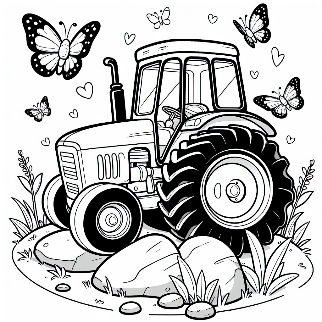 Tauche ein in die zauberhafte Welt der Bauernhöfe mit unserem lustigen Traktor-Ausmalbild! Stell dir vor, unser neugieriger Traktor hat sich auf ein kleines Abenteuer begeben und ist auf einem Felsen gelandet. Umgeben von flatternden Schmetterlingen, genießt er die frische Landluft und die weite Aussicht über die Felder. Die großen, einfachen Formen laden dazu ein, deiner Fantasie freien Lauf zu lassen und den Traktor in allen erdenklichen Farben zum Leben zu erwecken. Vielleicht wählst du ein sattes Grün für die Wiesen und leuchtendes Gelb für die fliegenden Schmetterlinge? Lass deiner Kreativität freien Lauf und überlege dir, wie der dazugehörige Anhänger hinter dem Traktor aussehen könnte, der frisch geerntetes Gemüse transportiert. Denk an die robusten Reifen, die bereit sind, über jedes Gelände zu rollen, und das Lenkrad, das darauf wartet, von kleinen Händen gesteuert zu werden. Dieses Bild ist nicht nur ein einfaches Ausmalbild - es ist der Beginn eines Abenteuers auf dem Bauernhof, das nur darauf wartet, von dir entdeckt zu werden!