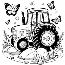 verspielter Schlepper – Tags: Traktor, Bauernhof, Ausmalbild, Schmetterlinge, Abenteuer.