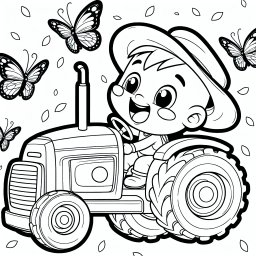 Aufgeregter Traktor – Tags: Traktor, Bauernhof, Ausmalbild, Kreativität, Schmetterlinge