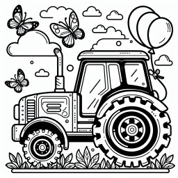 fröhlicher Ballontraktor – Tags: Traktor, Bauernhof, Schmetterlinge, Vektor-Stil, Ausmalen