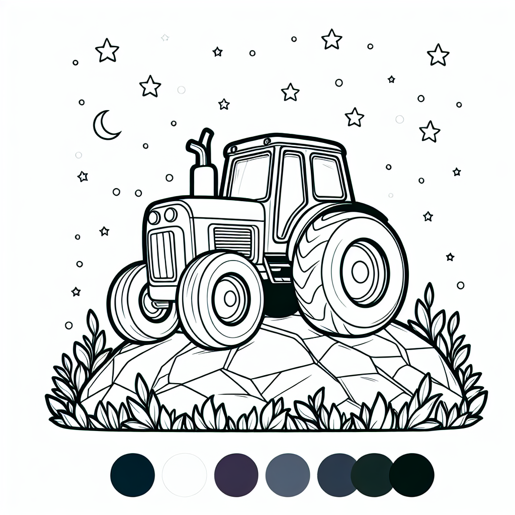 **Tauche ein in die wunderbare Welt der Traktoren!**

Stell dir vor, ein Traktor, der hoch oben auf einem Felsen ruht, während kleine Sterne um ihn herum tanzen. Klingt lustig, oder? Dieser Traktor hat sich eine Pause verdient, nachdem er den ganzen Tag auf dem Bauernhof fleißig gearbeitet hat. Er hat Felder gepflügt, Getreide transportiert und sogar seinen Anhänger voller Heu über holprige Wege gezogen.

Jetzt ist es an der Zeit, ihm ein neues Aussehen zu verleihen! Mit den klaren schwarzen Linien kannst du sicher sein, dass du nicht über den Rand malst - perfekt, um den Traktor mit deinen Lieblingsfarben zum Leben zu erwecken. Vielleicht möchtest du ihn in einem leuchtenden Rot anmalen oder ihm ein freches Blau geben. Vergiss nicht die Reifen, die dürfen ruhig in einem kräftigen Schwarz oder Grau strahlen. Und das Lenkrad könnte ein bisschen Glanz in Silber vertragen!

Während du malst, kannst du dir vorstellen, wie dieser Traktor auf dem Bauernhof fährt und seinen täglichen Aufgaben nachgeht. Viel Spaß beim Ausmalen und beim Fantasieren - dein Traktor-Abenteuer wartet auf dich!