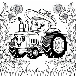 Aufgeregter Huttraktor – #TraktorAbenteuer, #FröhlicherBauernhof, #KreativMitFarben, #BlumenPower, #KinderAusmalspaß