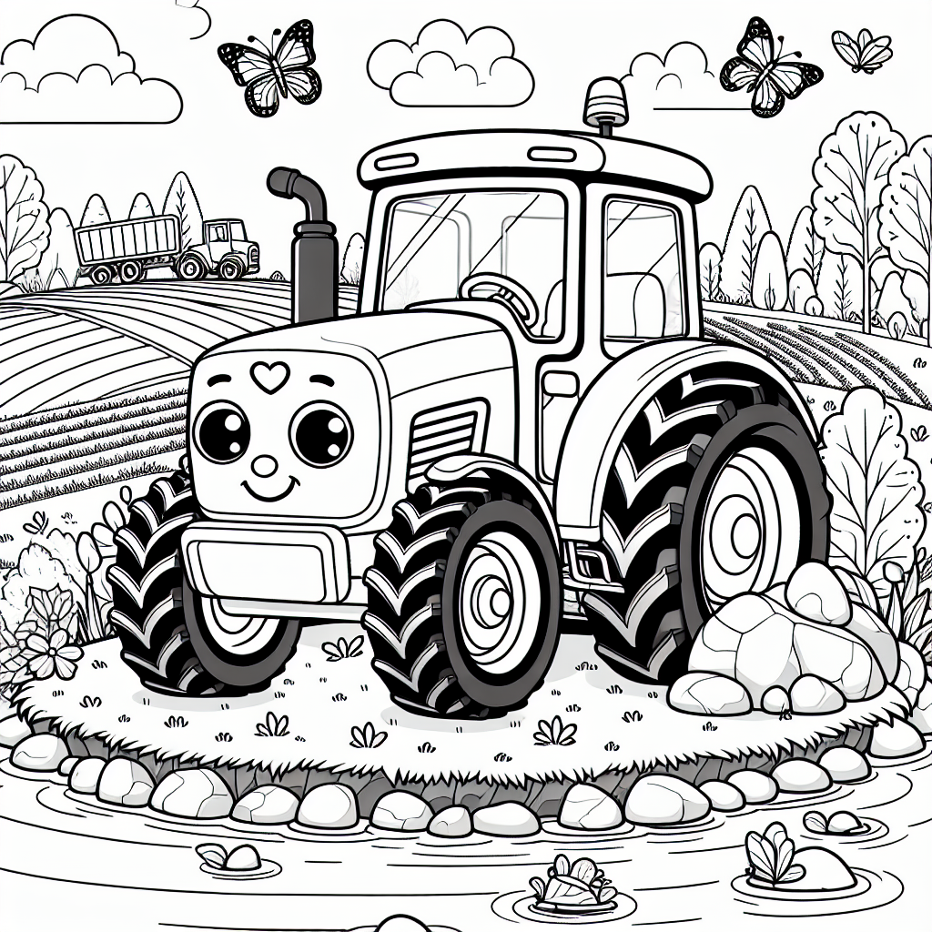 Traktor-Tanz im Morgenlicht - Traktor, Ausmalbild, Bauernhof, Feldarbeit, Schmetterlinge, Morgenstimmung