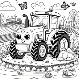 Traktor-Tanz im Morgenlicht - Traktor, Ausmalbild, Bauernhof, Feldarbeit, Schmetterlinge, Morgenstimmung