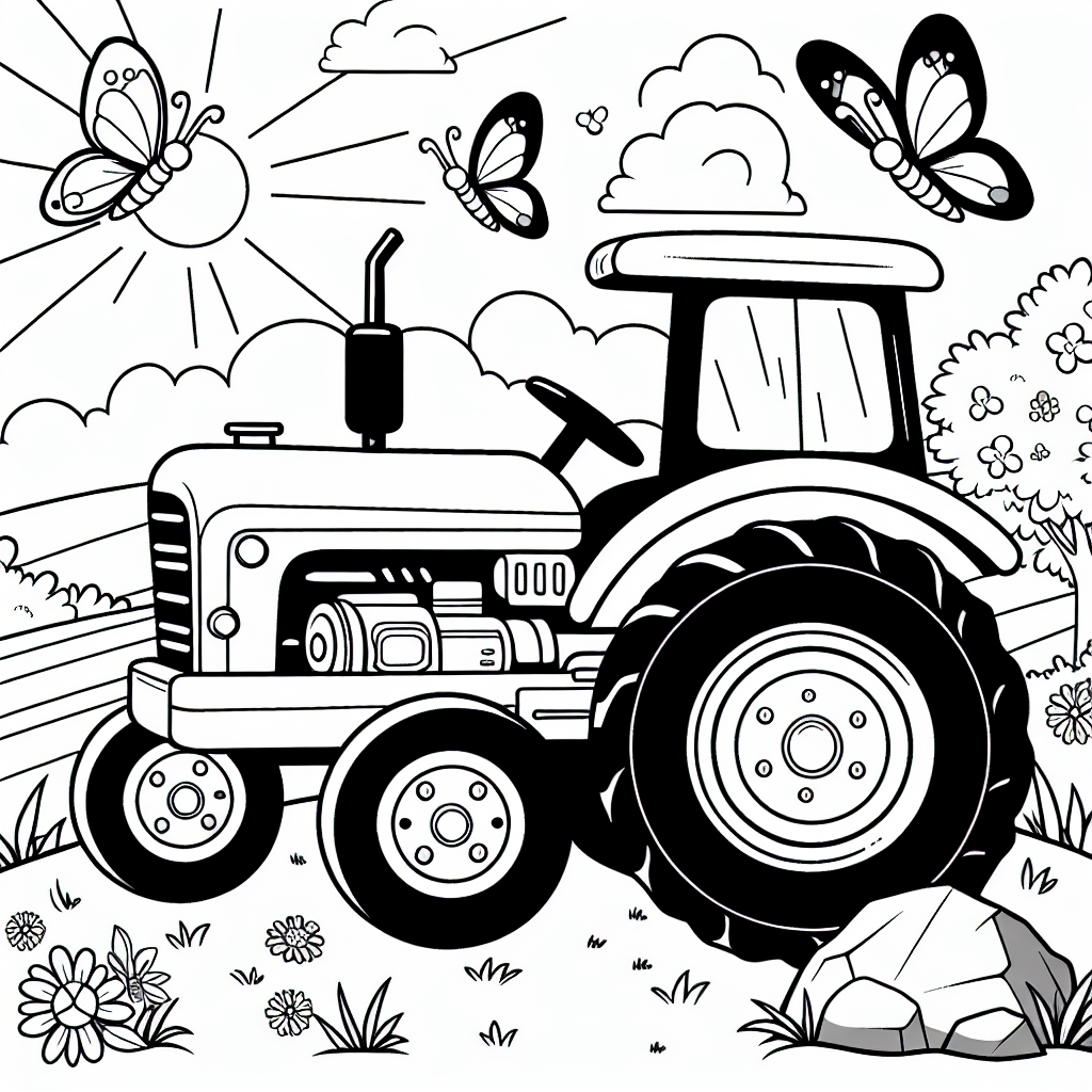 Willkommen auf unserem bunten Bauernhof-Abenteuer! Stell dir einen fröhlichen Traktor vor, der eine kleine Pause auf einem Felsen macht. Dieser Traktor hat schon fleißig auf dem Feld gearbeitet und seinen Anhänger mit frischen Ernten gefüllt. Jetzt genießt er die warme Sonne und schaut den Schmetterlingen zu, die um ihn herumtanzen.
Wusstest du, dass dieser Traktor ein ganz besonderes Geheimnis hat? Sein Lenkrad kann nicht nur den Weg auf dem Bauernhof lenken, sondern auch die Farben der Schmetterlinge beeinflussen! Jedes Mal, wenn der Traktor fährt, wird das Feld bunter und die Schmetterlinge strahlen in den schönsten Farben. Deshalb ist es so wichtig, dass du den Traktor mit kräftigen Farben ausmalst. Vielleicht wird dein Traktor die schönsten Schmetterlinge aller Zeiten erschaffen!
Und ein kleiner Tipp: Vergiss nicht, die großen, starken Reifen in strahlendem Schwarz oder sogar in deiner Lieblingsfarbe zu gestalten. So kann der Traktor auf jedem Feld wacker arbeiten. Nun, schnapp dir deine Buntstifte und mach dich bereit, ein farbenfrohes Meisterwerk zu kreieren!