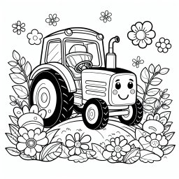 Glücklicher Blütenflitzer – #Traktor, #Bauernhof, #Ausmalbild, #Kinder, #Blumen