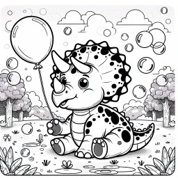 Fröhlicher Triceratops auf Entdeckungstour - Triceratops, Dinosaurier, Frühling, Spielplatz, Ballon, Seifenblasen, Ausmalbild