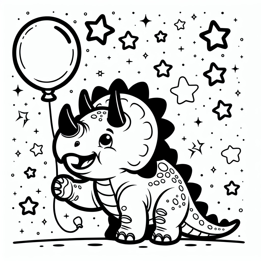 Willkommen in der zauberhaften Welt der Dinosaurier, wo ein fröhlicher Triceratops auf dich wartet! Dieser liebenswerte Pflanzenfresser ist bekannt für seine drei beeindruckenden Hörner und den majestätischen Schild, die ihn in der Urzeit unwiderstehlich gemacht haben. Doch heute hat unser knuddeliger Triceratops etwas Ungewöhnliches dabei - einen bunten Ballon, der ihm über den Urzeitwald hinaus in den Himmel hilft! Umgeben von funkelnden kleinen Sternen, wartet er darauf, von dir in den leuchtendsten Farben ausgemalt zu werden. 

Hast du gewusst, dass der Triceratops oft in großen Herden lebte, um sich gemeinsam vor den fleischfressenden Dinosauriern zu schützen? Mit deinen Buntstiften kannst du ihn jetzt in das glücklichste Mitglied seiner Herde verwandeln! Die klaren schwarzen Linien helfen dir, ganz entspannt und mit viel Spaß loszulegen.

Und nun ein kleines Rätsel: Was passt zu diesem Dinosaurier mit einem Schild als Schutz, liebt Pflanzen und hat einen Ballon, der höher als die Bäume fliegt? Na klar, der Triceratops! Schnapp dir deine Stifte und erwecke ihn zum Leben!