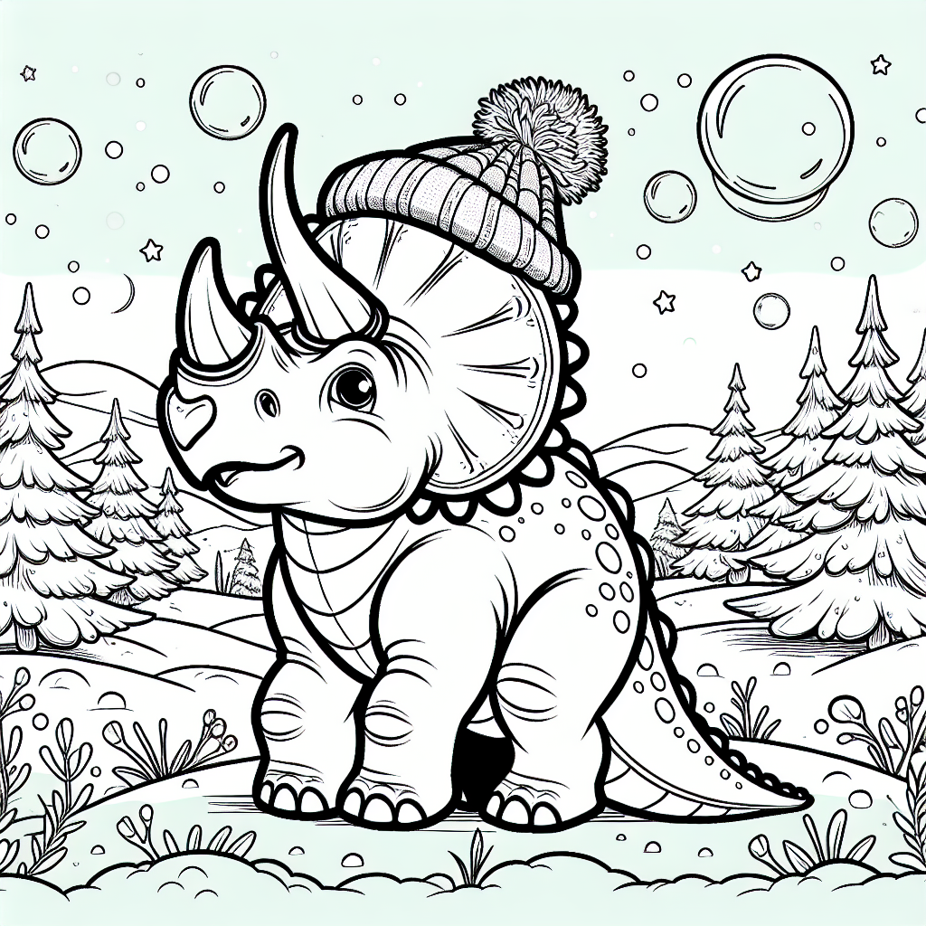 Fröhlicher Triceratops tanzt - Triceratops tanzt im Schnee, Winterspaß Dinosaurier, spielerischer Dino-Abend, kindgerechte...