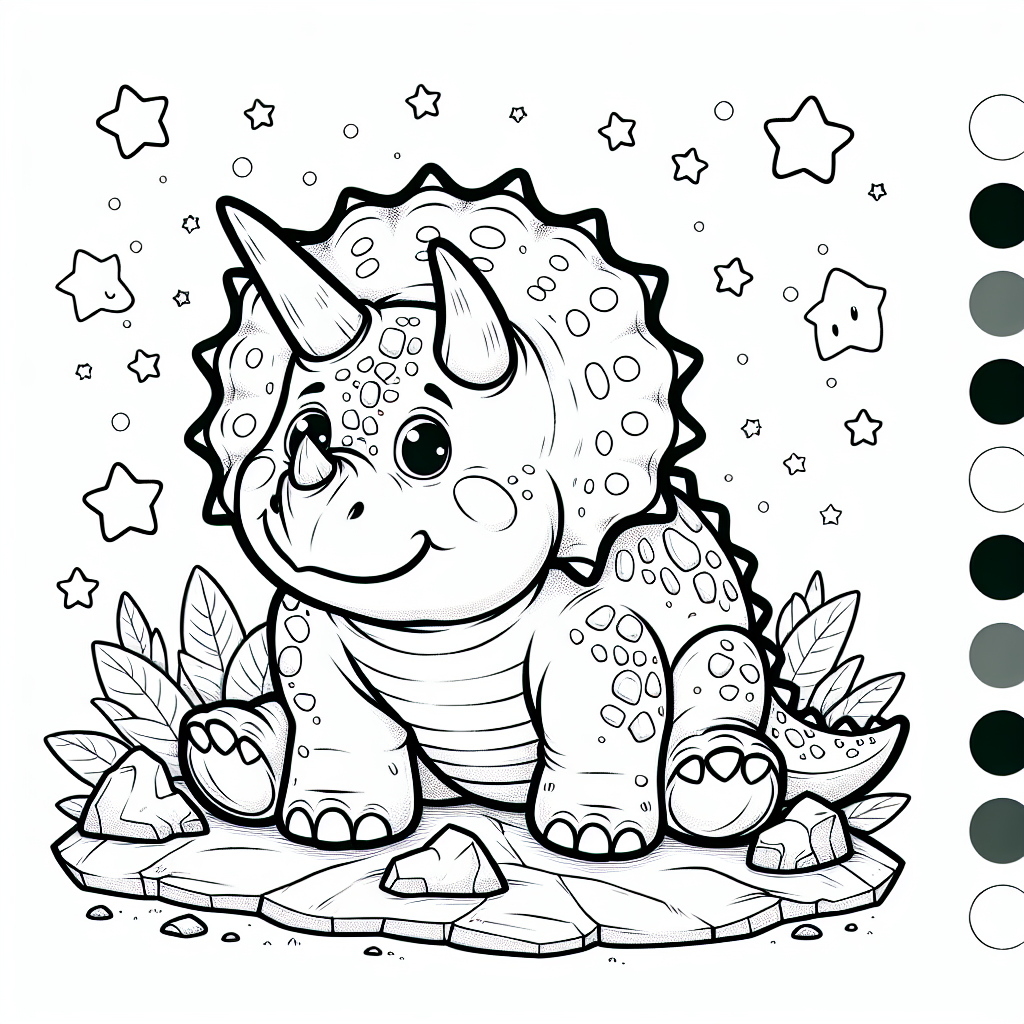 Willkommen in der aufregenden Welt der Dinosaurier! Heute führt euch unser fröhlicher Freund, der Triceratops, auf ein spannendes Abenteuer. Stell dir vor, er sitzt gemütlich auf einem großen Felsen und wird von funkelnden Sternen umgeben. Wusstest du, dass Triceratops einer der bekanntesten Dinosaurier der Urzeit ist? Mit seinen drei beeindruckenden Hörnern und dem großen Knochenschild auf dem Kopf ist er wirklich einzigartig.
Der Triceratops war ein Pflanzenfresser und liebte es, im dichten Urzeitwald nach leckeren Blättern und Pflanzen zu suchen. Oft war er in einer Herde unterwegs, denn in der Gemeinschaft fühlt man sich sicherer. Doch was glaubst du, warum unser Triceratops hier so fröhlich auf dem Felsen sitzt? Vielleicht hat er gerade einen besonders schönen Stern entdeckt!
Beim Ausmalen kannst du deiner Fantasie freien Lauf lassen: Welche Farben haben die Sterne, und welche Farben bekommt der Triceratops? Mit den klaren, schwarzen Linien ist es ganz einfach, den lustigen Dinosaurier und seine Umgebung zum Leben zu erwecken. Also schnapp dir deine Stifte und tauche ein in die zauberhafte Welt der Dinosaurier!