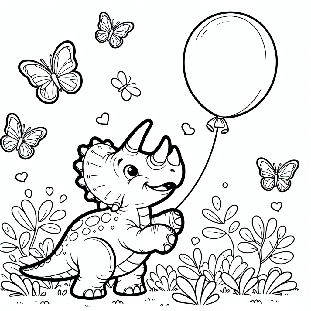 Tauche ein in die zauberhafte Welt der Urzeit, in der ein verspielter Triceratops Dinosaurier darauf wartet, von dir zum Leben erweckt zu werden! Dieser fröhliche Dino trägt einen glänzenden Luftballon, der farbenfroh in den Himmel steigt. Um ihn herum tanzen neugierige Schmetterlinge und verleihen der Szenerie einen Hauch von Magie. Der Triceratops, mit seinen beeindruckenden Hörnern und dem mächtigen Schild, ist ein sanfter Pflanzenfresser, der friedlich in seinem Urzeitwald lebt. Stell dir vor, wie er mit seiner Herde durch die riesigen Farne und uralten Bäume streift, stets auf der Suche nach einem leckeren Blatt oder einer köstlichen Blume.
Die fetten und glatten Konturen des Ausmalbildes machen es dir leicht, deiner Kreativität freien Lauf zu lassen. Lass den Triceratops in den schillerndsten Farben erstrahlen und male die Schmetterlinge in den leuchtendsten Tönen aus. Vielleicht ist der Luftballon rot wie ein reifer Apfel oder blau wie der weite Himmel? Träume dich zurück in die Urzeit und erschaffe eine farbenfrohe Welt, in der Pflanzenfresser und Schmetterlinge Freunde sind.
