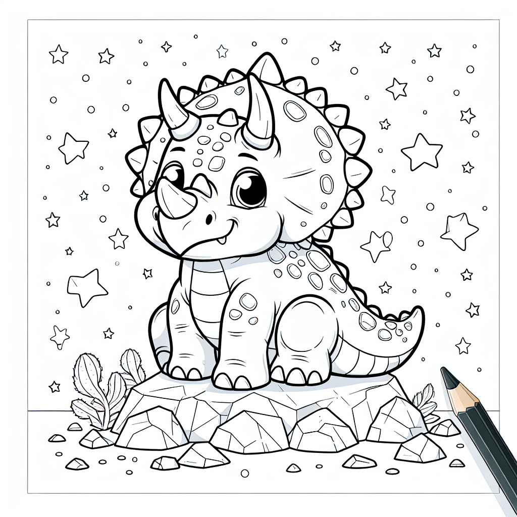 Willkommen in der magischen Urzeitwelt, in der ein fröhlicher Triceratops auf einem mächtigen Felsen thront! Mit seinen beeindruckenden drei Hörnern und dem großen, schützenden Schild sieht dieses sanfte Riesenwesen einfach zauberhaft aus. Umgeben von funkelnden kleinen Sternen, die den nächtlichen Urzeitwald erhellen, lädt unser Triceratops dich ein, Teil seiner bunten Welt zu werden. Bist du bereit, mit deinen Lieblingsfarbstiften die Magie zum Leben zu erwecken?
Stell dir vor, wie dieser sanfte Pflanzenfresser mit seiner Herde durch die riesigen, prähistorischen Wälder streift, nach köstlichen Farnen und Blättern sucht und dabei das sanfte Rascheln der Bäume genießt. Vielleicht hat er auch einige lustige Geschichten zu erzählen, die er auf seinen Streifzügen erlebt hat. Deine Farben geben dem Bild Leben und lassen dich träumen, wie es wohl war, in einer Welt voller gigantischer Kreaturen und endloser Abenteuer zu leben.
Bereit, deine Kreativität zu entfesseln? Lass den Triceratops in all seinen Farben erstrahlen und schaffe deine eigene fantasievolle Dinosaurierwelt!