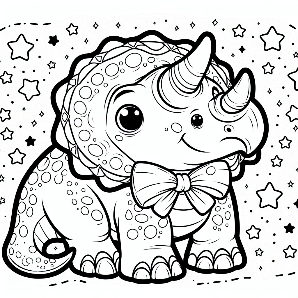 In einem weit entfernten Urzeitwald lebte ein ganz besonderer Triceratops namens Theo. Theo war kein gewöhnlicher Dinosaurier; er trug eine schicke Fliege, die er einst in einem geheimnisvollen alten Waldteich gefunden hatte. Obwohl Theo ein Pflanzenfresser war und seine Tage damit verbrachte, saftige Farne und bunte Blumen zu knabbern, hatte er immer ein Lächeln auf den Lippen.
Eines Tages beschloss Theo, die Herde zu überraschen. Er malte sich bunte Sterne auf sein großes Schild und die drei beeindruckenden Hörner. "Warum so schick?", fragten die anderen Dinosaurier neugierig. Theo grinste und erklärte, er wolle etwas Farbe und Spaß in den Urzeitwald bringen.
Während die kleinen Dinosaurier um ihn herumliefen, inspiriert von Theos kunstvollen Verzierungen, schnappte sich jeder einen Pinsel und fing an, sich ebenfalls zu bemalen. Bald war der gesamte Wald voller farbenfroher Dinosaurier, die wie ein lebendiger Regenbogen aussahen.
Als die Sonne unterging, funkelten die kleinen Sterne auf Theos Schild im Mondlicht. Theo wusste, dass es großartig war, anders zu sein und dass Kreativität alle ein bisschen näher zusammenbringen kann.