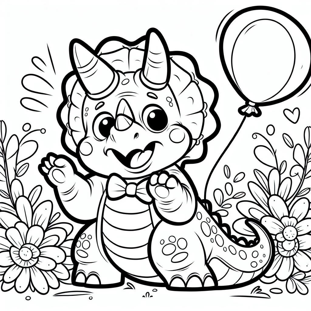Aufgeregter Blümchensaurier - #Triceratops, #Ausmalen, #Urzeitwald, #Pflanzenfresser, #Luftballon