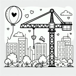 Neugieriger Herzenskran – Tags: Turmkran, Baustelle, Luftballon, Kreativität, Farbenfroh