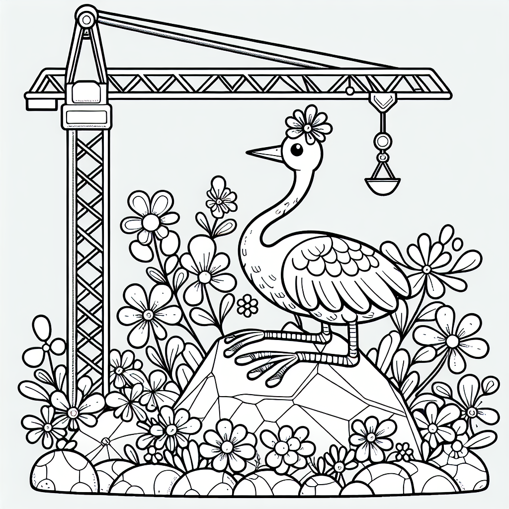 Willkommen auf einer ganz besonderen Baustelle, wo ein lustiger Turmkran auf einem Felsen thront, umgeben von einem Meer aus bunten Blumen! Dieser Kran ist kein gewöhnlicher Kran - er liebt es, in leuchtenden Farben zu erstrahlen. Dank der klaren schwarzen Linien hast du die perfekte Vorlage, um diesem Kran Leben einzuhauchen. Aber Achtung, zwischen all den Blumen versteckt sich eine Überraschung! Kannst du das geheime Symbol finden, das sich unter den Blütenblättern verbirgt? Es ist rund und hat meist sechs Arme oder Zacken. Wenn du es entdeckt hast, male es in deiner Lieblingsfarbe aus!

Während du deine Farbstifte zückst, stell dir vor, der Kran könnte sprechen. Er würde vielleicht sagen: "Hey, vergiss mich nicht, ich bin der Star der Baustelle!" Und die Blumen? Sie flüstern dir zu: "Mach uns farbenfroh und fröhlich, damit wir alle zusammen glänzen können!"

Also, schnapp dir deine Stifte und bringe den Turmkran und seine blumigen Freunde zum Leuchten. Und denke daran, das geheime Symbol zu finden! Welche Farbe hat dein Kran? Welche Blumen bekommen ihren großen Auftritt?