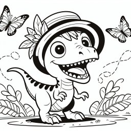 Schmetterlings-Tanzraptor - Tags: Dino-Spaß, Velociraptor-Abenteuer, Farbenfrohe Schmetterlinge, Kreative Dino-Zeit, Lustiger Hut