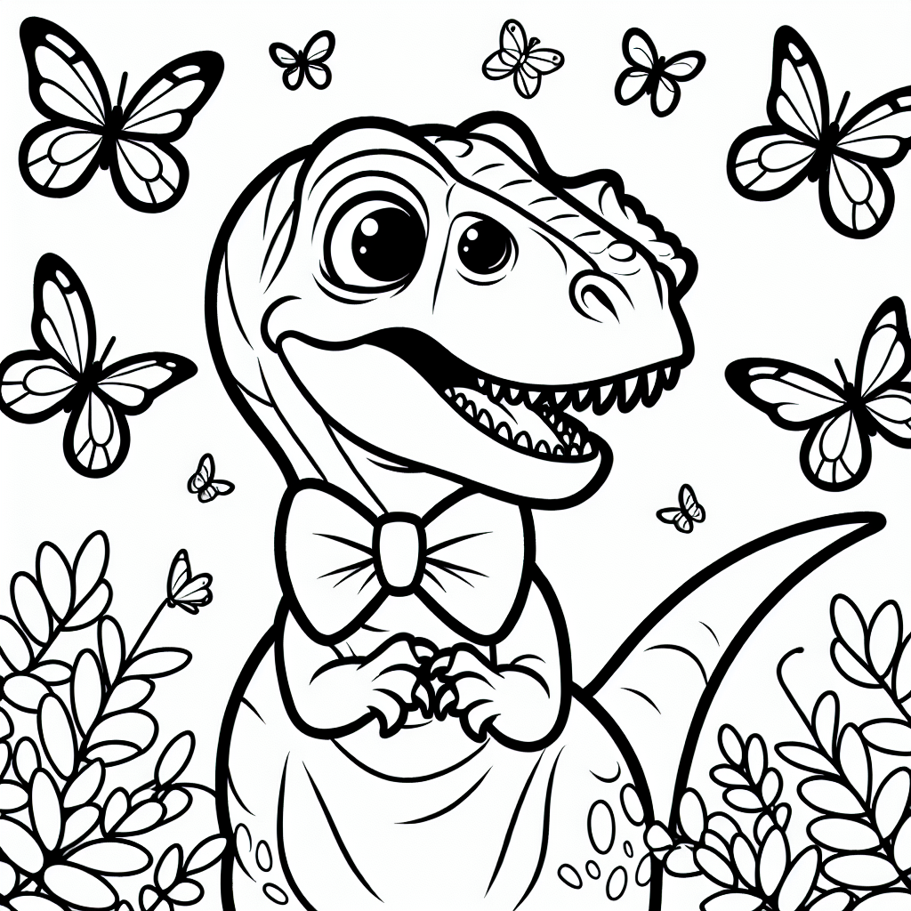Willkommen in der aufregenden Welt der Dinosaurier! Unser fröhlicher Velociraptor hat sich heute besonders schick gemacht und trägt stolz eine niedliche Fliege. Um ihn flattern bunte Schmetterlinge, die darauf warten, von dir in den schönsten Farben zum Leben erweckt zu werden. Die starken, klaren Linien des Bildes bieten dir viel Platz, um deiner Kreativität freien Lauf zu lassen und eine zauberhafte Szene zu gestalten.

Velociraptoren waren bekannt für ihre Schnelligkeit und Intelligenz. Sie jagten oft in Gruppen und nutzten ihr cleveres Köpfchen, um gemeinsam erfolgreich Beute zu machen. Unser freundlicher Velociraptor zeigt heute sein Federkleid – vielleicht möchtest du ihm ein kunterbuntes Muster geben, das seine schlaue und einfallsreiche Persönlichkeit widerspiegelt!

Für Eltern: Ermutigen Sie Ihr Kind, verschiedene Farbkombinationen auszuprobieren und dabei die Fantasie spielen zu lassen. Fragen Sie nach Geschichten, die sich Ihr Kind zu dem Bild ausdenkt – das fördert nicht nur die Kreativität, sondern auch die Kommunikationsfähigkeit. Lassen Sie Ihr Kind die Farben auswählen, die ihm am meisten zusagen, und unterstützen Sie es dabei, seine eigenen Ideen und Vorstellungen umzusetzen.