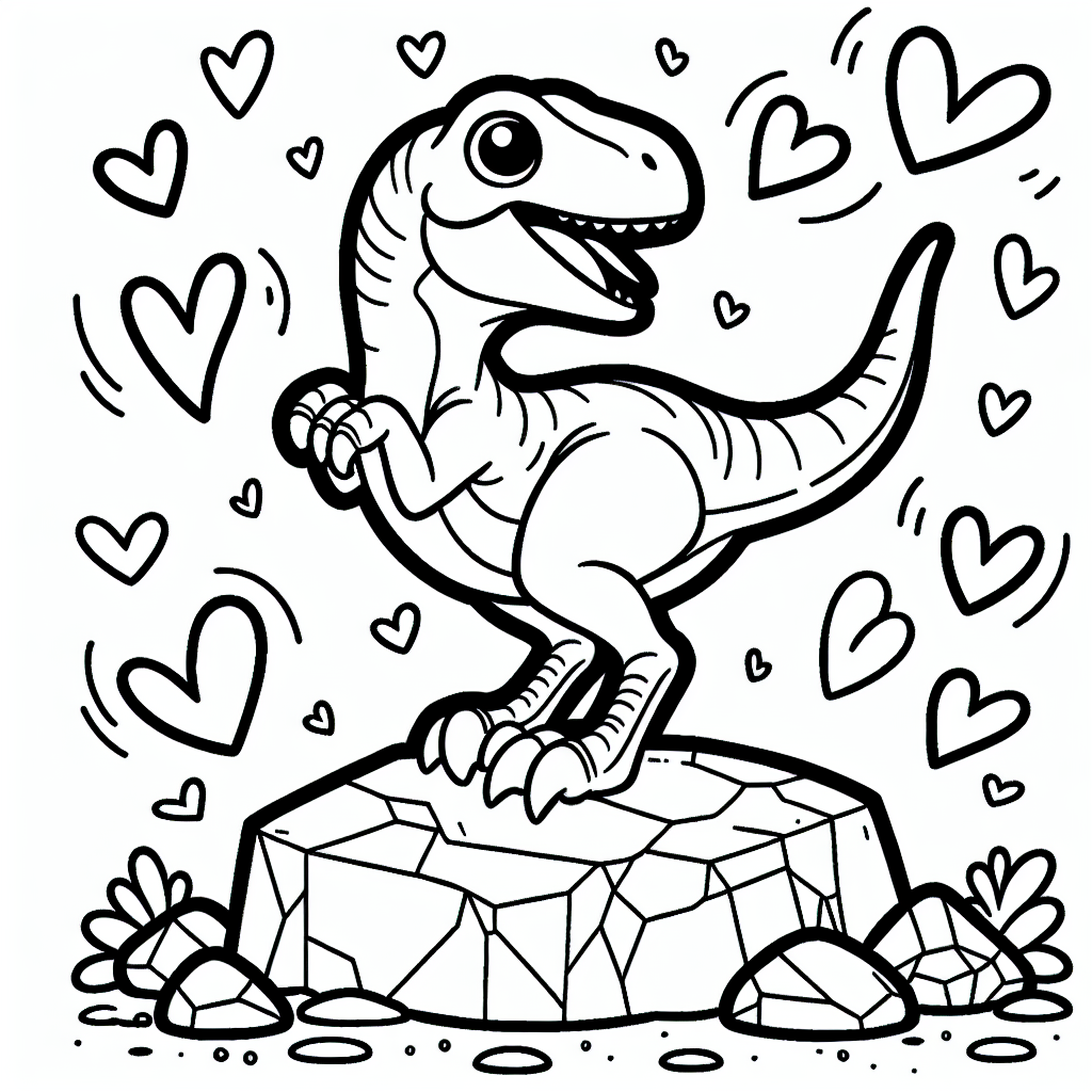 Willkommen in der urzeitlichen Welt der Dinosaurier! Hier trifft man auf den ulkigen Velociraptor, der auf einem Felsen thront und von fliegenden Herzchen umgeben ist. Was für ein spaßiger Anblick! Vielleicht überlegt er gerade, welchen farbenfrohen Federmantel er heute zur Dino-Disco tragen soll. Wusstest du, dass der Velociraptor ein ganz schlauer Dino war? Er war nicht nur blitzschnell unterwegs, sondern jagte auch oft in Gruppen. Man munkelt, dass er sogar den ersten "Dino-Kart" erfunden hat, um seine Beute noch schneller zu erreichen!
Jetzt bist du dran, diesem pfiffigen Dino mit deinen Buntstiften Leben einzuhauchen. Trau dich und male sein Federkleid so bunt wie einen Regenbogen! Beginne zum Beispiel mit einem leuchtenden Orange für seinen Kopf und gehe über in ein strahlendes Blau für seinen Körper. Die Herzchen kannst du in fröhlichen Rot- und Rosatönen ausmalen - oder vielleicht sogar in deiner ganz persönlichen Lieblingsfarbe.
Vergiss nicht, die schwarzen Linien sauber zu lassen, damit deine Farben noch stärker leuchten. Lass deiner Fantasie freien Lauf und gestalte einen Velociraptor, der alle anderen Dinos vor Neid erblassen lässt!