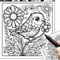 Fröhlicher Blütenvogel – Tags: Ausmalbild, Vögel, Blumen, Farben, Spaß.