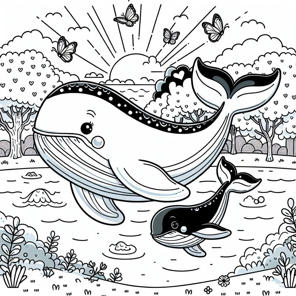 Riesiger Wal im Wasser - Wal, Schwimmen, Sommermorgen, Flussidylle, Ausmalen