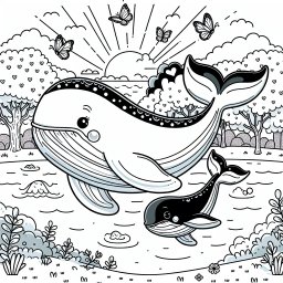 Riesiger Wal im Wasser - Wal, Schwimmen, Sommermorgen, Flussidylle, Ausmalen