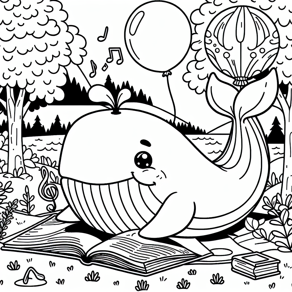 Neugieriger Wal liest - Wal liest Buch, Herbstnachmittag, Luftballon fliegt hoch, Musiknoten tanzen fröhlich