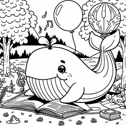 Neugieriger Wal liest - Wal liest Buch, Herbstnachmittag, Luftballon fliegt hoch, Musiknoten tanzen fröhlich