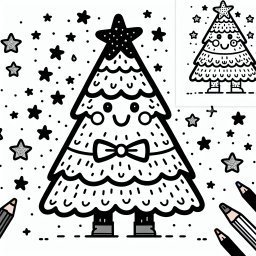 Fröhlicher Schleifenbaum – Tags: Weihnachten, Ausmalbild, Weihnachtsbaum, Kinder, Spaß