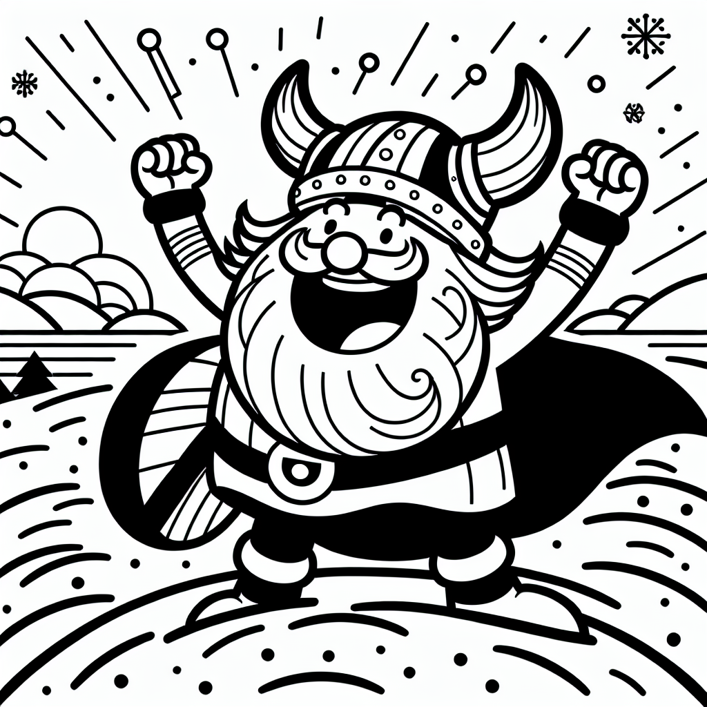 Fröhlicher Wikinger winkt im Winter - Wikinger, Helm mit Hörnern, winterlicher Hügel, lockiger Bart, jubelnd