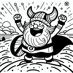 Fröhlicher Wikinger winkt im Winter - Wikinger, Helm mit Hörnern, winterlicher Hügel, lockiger Bart, jubelnd