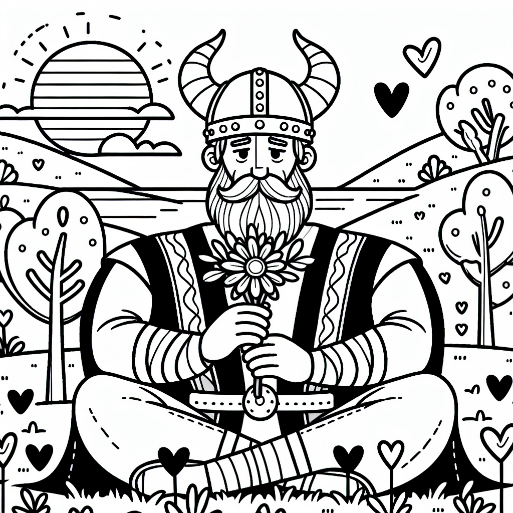 Sanfter Wikinger auf dem Hügel - Wikinger, Helm mit Hörnern, Bart, Herbstmorgen, Ausmalbild Kinder