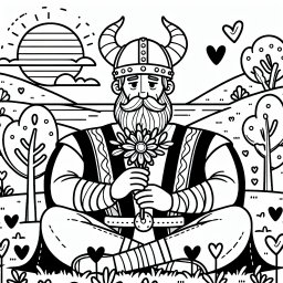 Sanfter Wikinger auf dem Hügel - Wikinger, Helm mit Hörnern, Bart, Herbstmorgen, Ausmalbild Kinder