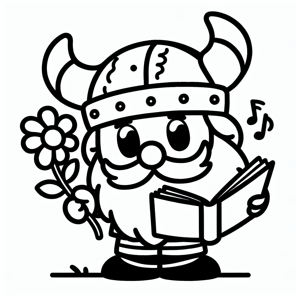Freundlicher Lesekrieger - Tags: Wikinger, Ausmalbild, Kreativität, Freundlicher Wikinger, Abenteuer.