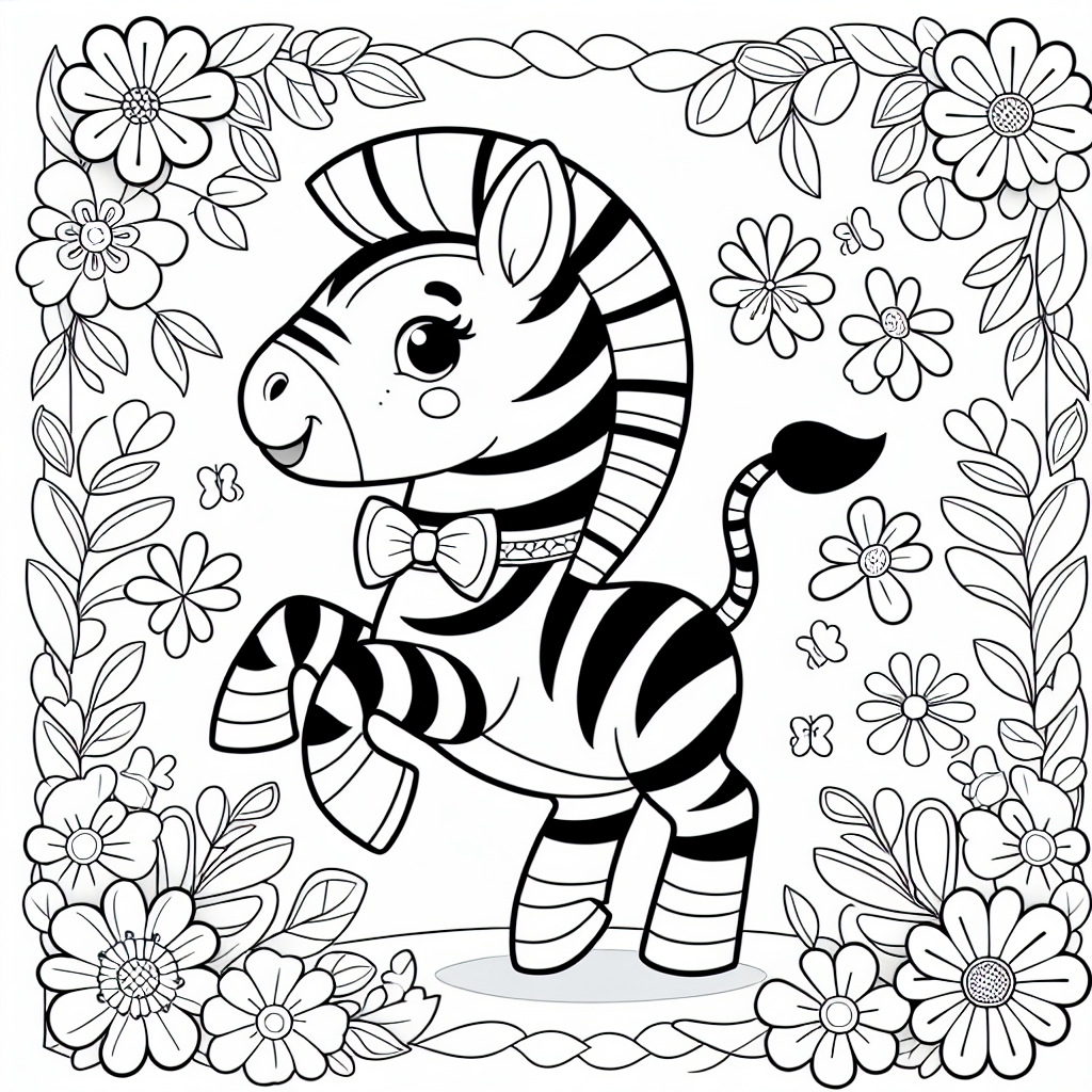 Tanzendes Spaßzebra - Tags: Zebra, Ausmalen, Spaß, Kinder, Blumen