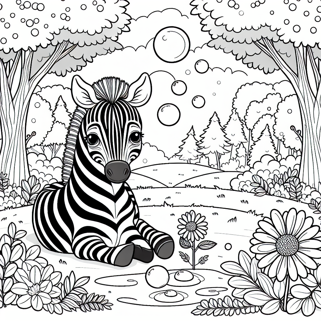Zebra mit Streifenzauber - Zebra, Ausmalbild, Waldlichtung, Frühlingstag, Seifenblasen