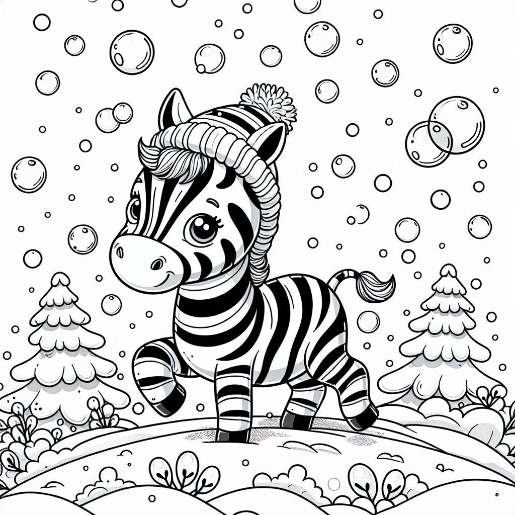Zebra mit Zauberstreifen - Zebra, Winterspaß, Ausmalbild, Tannenbäume, Schnee