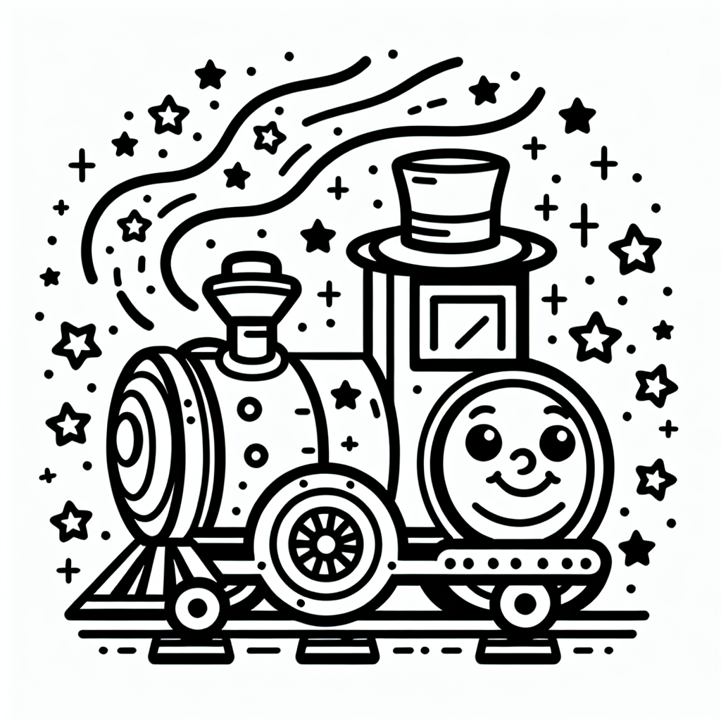 Es war einmal ein fröhlicher Zug namens Tobi, der in einem kleinen Bahnhof in einer bunten Stadt lebte. Tobi war kein gewöhnlicher Zug, denn er trug einen riesigen, lustigen Hut auf seiner Lokomotive, der ihn stets zum Lächeln brachte. Eines Tages beschloss Tobi, eine außergewöhnliche Reise durch das Sternenland anzutreten.
Als Tobi mit einem fröhlichen Tuten losfuhr, glitzerten die Sterne um ihn herum wie kleine Lichterketten und führten ihn über die glänzenden Schienen. Die Waggons, die er zog, waren mit lachenden Gesichtern bemalt, und alle Passagiere winkten den funkelnden Sternen zu.
Unterwegs begegnete Tobi einem freundlichen Signal, das ihm sagte: „Auf zum Regenbogen-Bahnhof!“ Dort angekommen, durfte jeder sich einen Stern aussuchen, um ihn nach Herzenslust auszumalen. Tobi entschied sich für einen großen, leuchtenden Stern, den er mit allen Farben des Regenbogens verzierte.
Die dicken schwarzen Linien auf dem Ausmalbild halfen ihm dabei, nicht über die Ränder zu malen. Am Ende seiner Reise fühlte sich Tobi glücklich und bunt - genau wie sein Hut!
Als er zum Bahnhof zurückkehrte, strahlte nicht nur sein Hut, sondern auch alle, die den farbenfrohen Zug sahen.