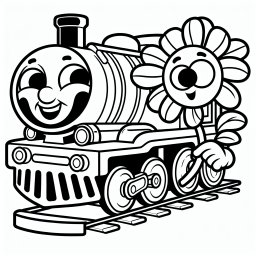 Aufgeregte Blütenlok – Tags: Lokomotive, Blumen, Ausmalen, Freundschaft, Bahnhof