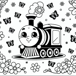 Fröhliche Lokomotive – Tags: Ausmalbild, Lokomotive, Blumen, Schmetterlinge, Züge