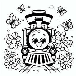 Fröhlicher Blumenwaggon – Tags: Zug, Ausmalbild, Kreativität, Schmetterlinge, Bahnhof