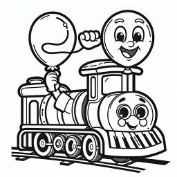 Lustiger Ballonzug – Tags: Zug, Ausmalbild, Lokomotive, Luftballon, Kinderkunst