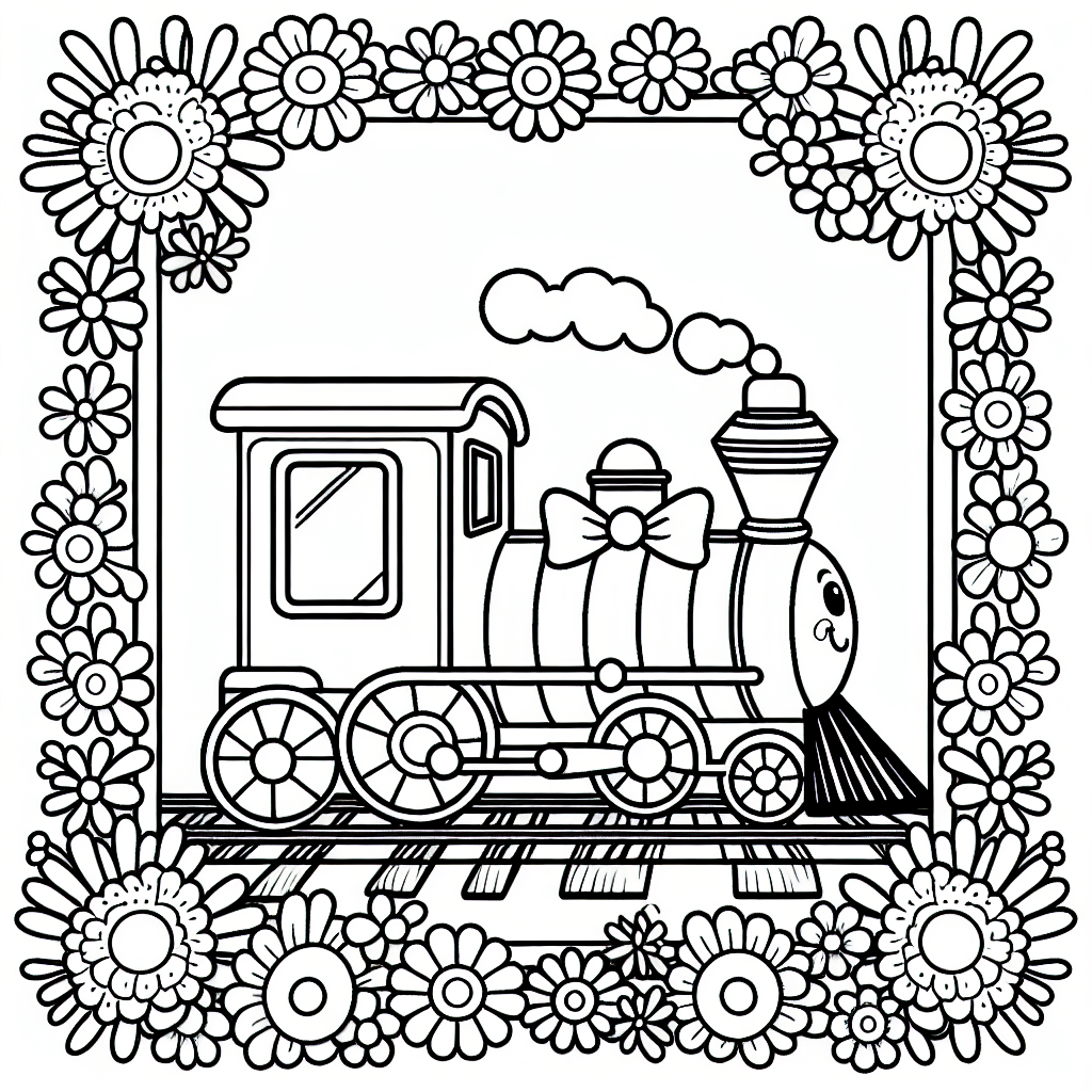 All Aboard, kleine Künstler! Heute dreht sich alles um einen fröhlichen Zug, der mit einem strahlenden Lächeln und einer schicken Fliege vorfährt. Kannst du dir vorstellen, wie fantastisch er aussehen wird, wenn du ihn mit deinen Lieblingsfarben zum Leben erweckst? Der Zug ist umgeben von schönen Blumen, die nur darauf warten, in den buntesten Farben zu erblühen.
Wie wäre es, wenn du dem Zug eine leuchtend rote Lokomotive verpasst und die Waggons in kunterbunten Tönen erstrahlen lässt? Vergiss nicht, die Schienen in einem kräftigen Braun zu malen, damit der Zug sicher durch das grüne Gras des Bahnhofs rollen kann. Falls du ein Signal siehst, kannst du es in einem hellen Gelb ausmalen, damit unser Zug genau weiß, wann er anhalten soll.
Du kannst die klaren schwarzen Linien nutzen, um innerhalb dieser mit bunten Farben zu experimentieren. Vielleicht ist der Himmel in deiner Vorstellung ganz lila oder die Blumen haben gepunktete Blütenblätter - alles ist erlaubt! Viel Spaß beim Ausmalen und beim Erschaffen deines eigenen kleinen Eisenbahn-Abenteuers!