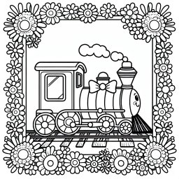 Freudiger Blumenexpress – Tags: Zug, Lokomotive, Ausmalbild, Bahnhof, Kreativität