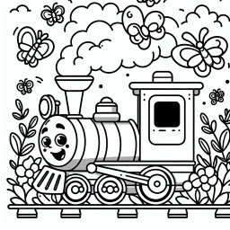 Fröhlicher Schienenzauber – Tags: Ausmalbild, fröhlicher Zug, Lokomotive, Schmetterlinge, Kreativität