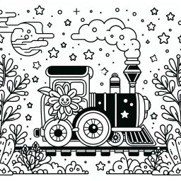 Fröhliches Blütenabenteuer – Tags: Zug, Blume, Sterne, Ausmalbild, Lokomotive, Waggon, Bahnhof, Schienen, Signal