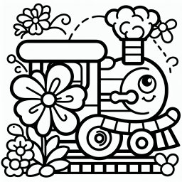 Spielzug-Blume – Tags: Züge, Ausmalbild, Kinder, Lokomotive, Cartoon