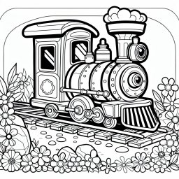 Fröhliche Felsenfahrt – Tags: Züge, Lokomotive, Blumen, Cartoon, Ausmalen